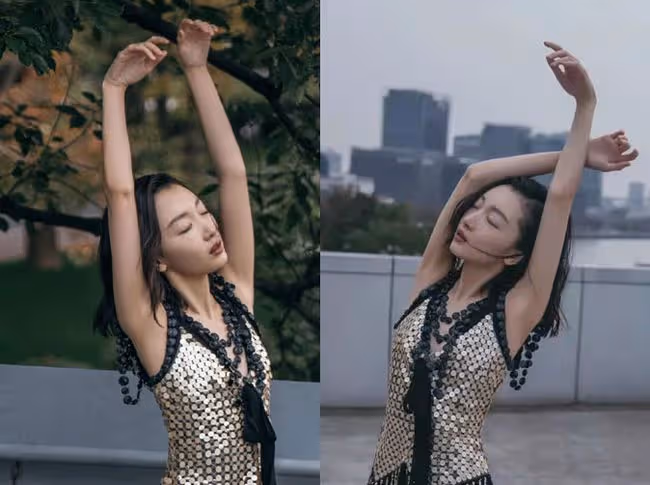 周冬雨在天台上拍大片，穿弔帶裙秀曲線美，側身狀態羨煞旁人