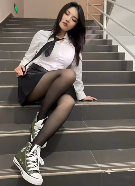 徐冬冬在樓道拍大片，穿白襯衣搭配黑色短裙，造型洋氣女團味十足