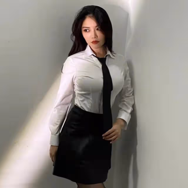 徐冬冬在樓道拍大片，穿白襯衣搭配黑色短裙，造型洋氣女團味十足