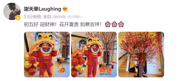 謝天華3歲女兒穿唐裝舞獅,豪宅內景意外曝光,巨型桃花樹搶鏡
