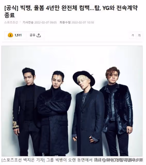 韓國頂級男團BIGBANG確定回歸!TOP決定不再續約,恐成最後的晚宴