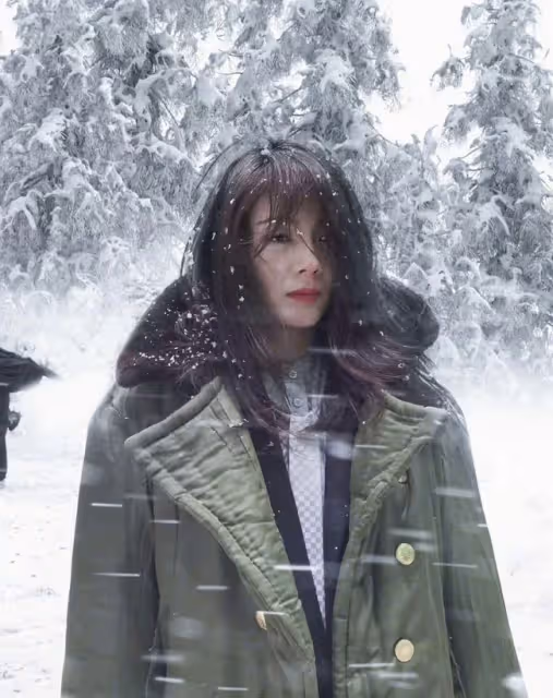 劉濤穿軍大衣雪地拍照,腳踩超細高跟扶樹站不穩,拎兩萬包顯闊氣