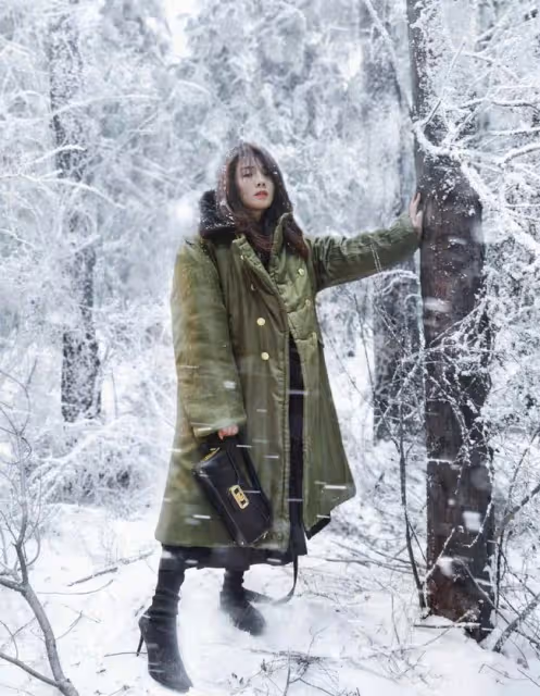劉濤穿軍大衣雪地拍照,腳踩超細高跟扶樹站不穩,拎兩萬包顯闊氣