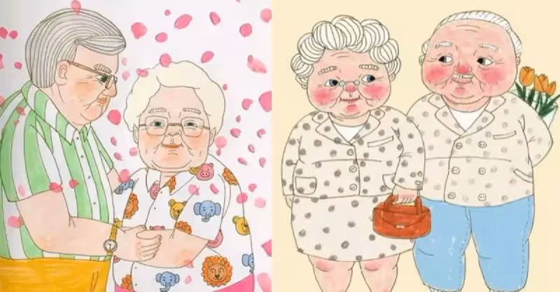 甜甜的插畫：一對80歲夫妻相濡以沫的愛情！