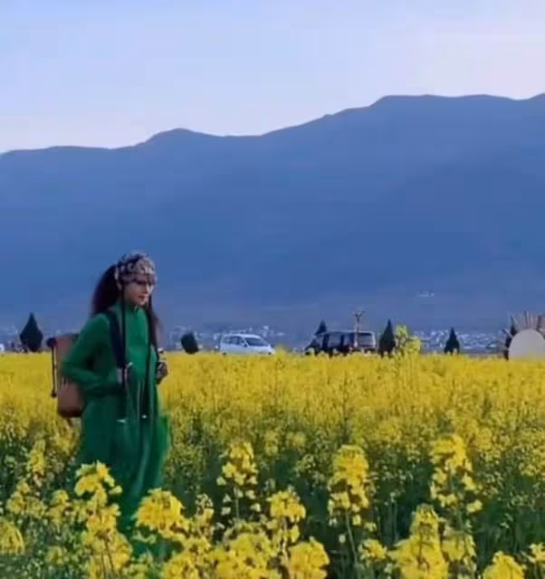 63歲楊麗萍近照美如畫,背背簍漫步油菜花田,及腰黑髮濃密似瀑布