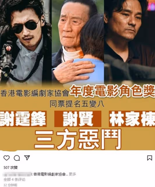 恭喜!謝霆鋒父子入圍年度最佳電影角色獎,85歲謝賢上月首奪影帝