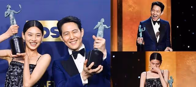 《魷魚遊戲》李政宰鄭好娟美國演員工會獎奪下視帝視後,哽咽落淚
