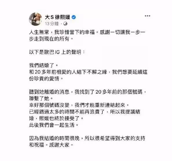 和汪小菲離婚4個月後,大S選擇跨國再婚