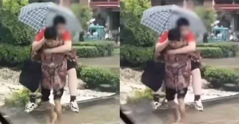 孫子比阿嬤還高！上補習班路遇積水「阿嬤赤腳背大胖孫」　下一幕讓全網氣炸：慣子如害子