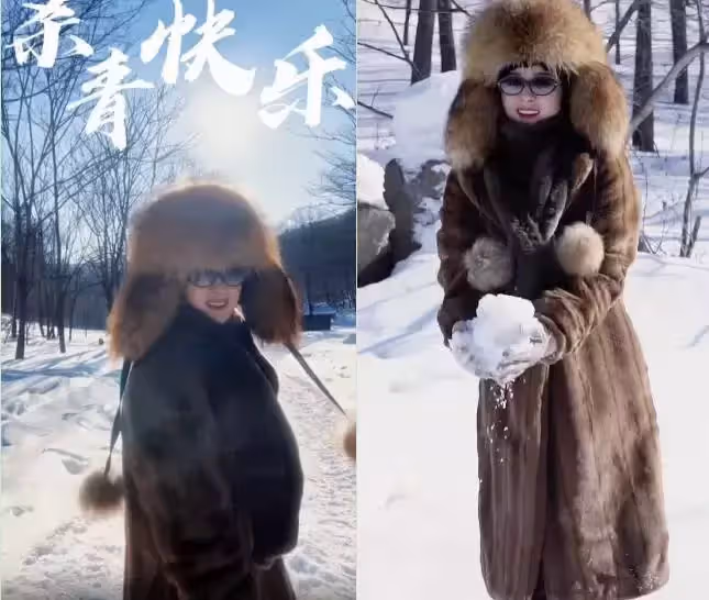 趙麗穎穿貂大衣雪地裡嗨玩!臉頰被凍通紅,捧雪球大秀高抬腿動作