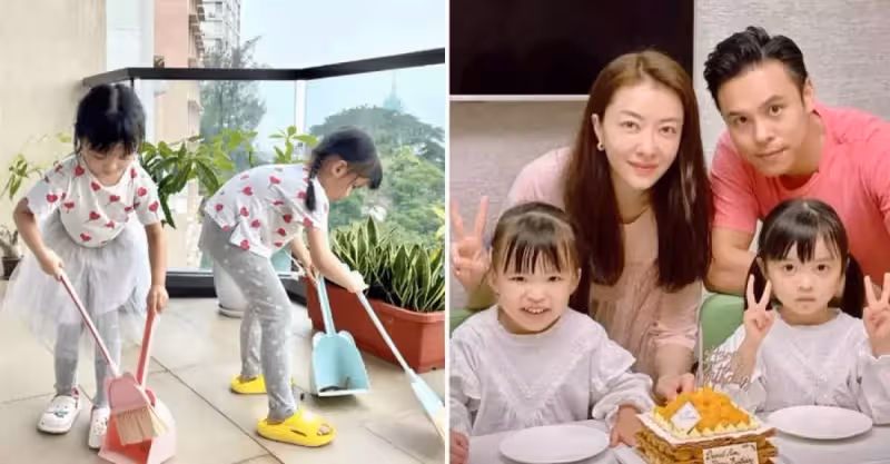 熊黛林曬雙胞胎女兒做家務，姐妹倆打掃陽臺，被媽媽溫柔大贊好乖