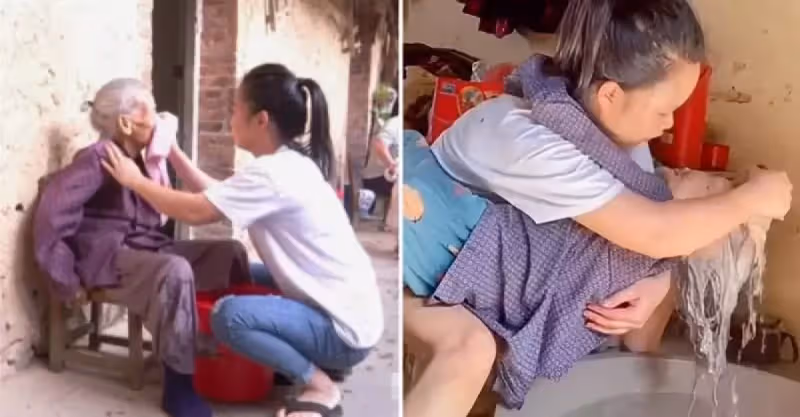 90後的孫媳婦抱88歲奶奶洗頭，對其照料有加：我坐月子是奶奶照顧我