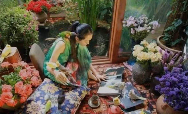 楊麗萍手捧小鳥化濃妝,與寵物嘴對嘴索吻,63歲不生育仍艷光四射