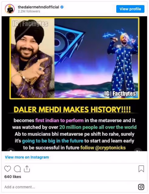 Daler Mehndi將成為第一個在元宇宙中表演的印度歌手