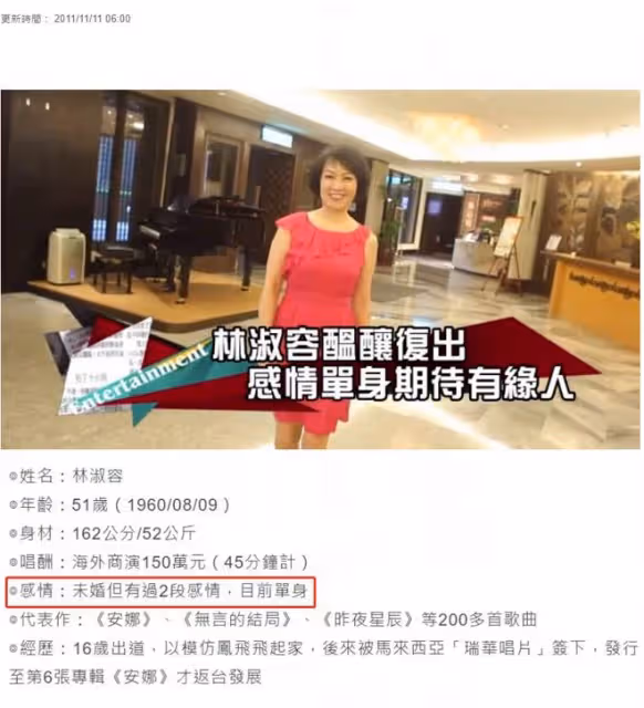 知名歌手林淑容近況,淡出後移居內地做生意,61歲仍單身無兒女