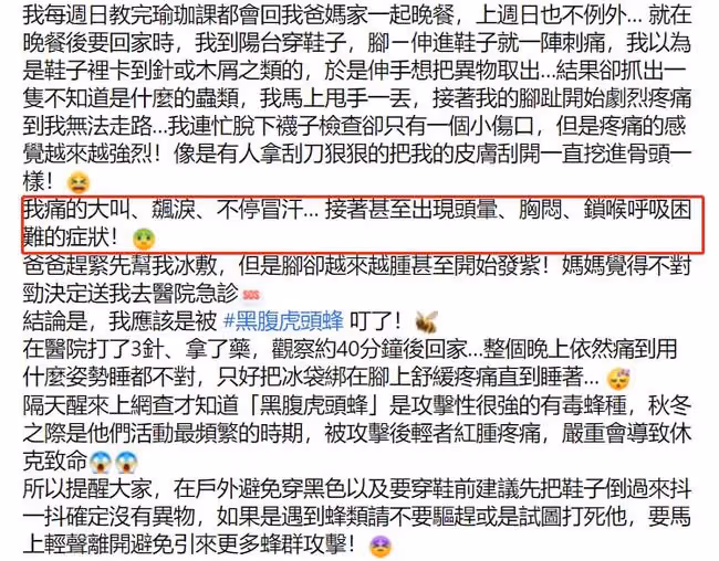 女星林韋君被蜂蜇傷！一度呼吸困難，10多天仍不痊癒走路一瘸一拐