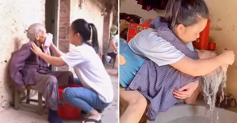 90後孫媳婦抱88歲奶奶洗頭，對其照料有加：我坐月子是奶奶照顧我