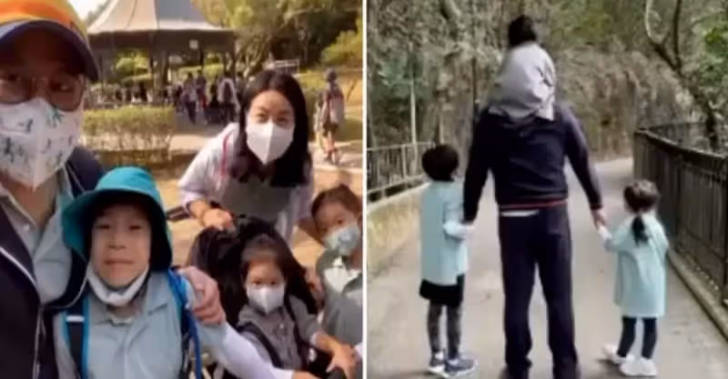 郭晶晶霍啟剛爬山，夫妻倆帶仨娃顯忙亂，主動與路人招手超親和