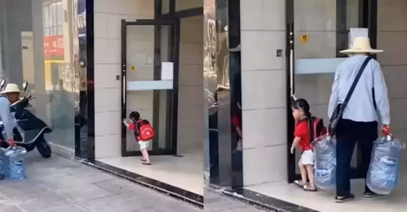 3歲小女孩遇送水老人，雙手奮力頂開大門讓其進入，暖心一幕曝光，網贊：教育的太好了！