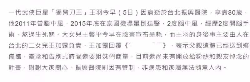 王羽生前住院畫面曝光，已成失智老人，晚年令人唏噓