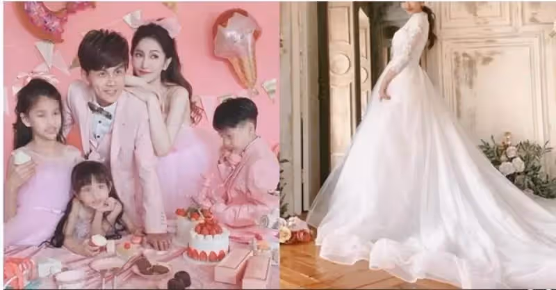 阿翔妻子結婚11年披白紗，一轉背後絕美簍空自帶仙女氣場，甜靠尪肩膀，全家福甜到爆棚