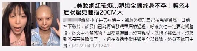 又一網紅患癌！22歲小羊剃光頭化療6次，已做切除手術將終身不孕