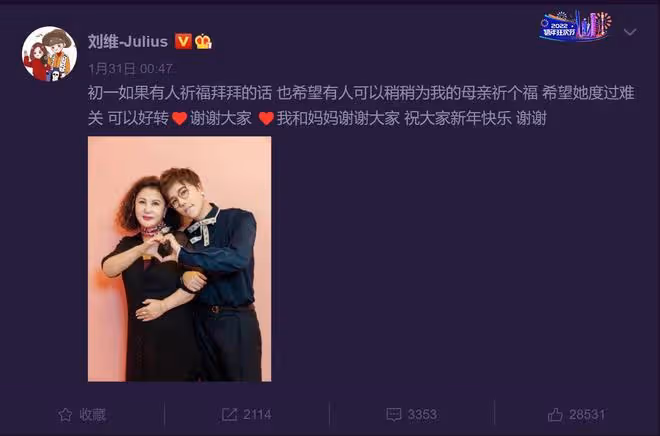 劉維媽媽患癌去世!兒子退圈照顧仍未挽回,本尊發文:我們盡力了