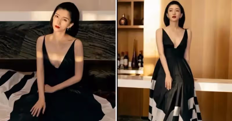 江疏影在酒吧拍大片，皮膚白皙身形飽滿，坐桌上擺拍美如畫
