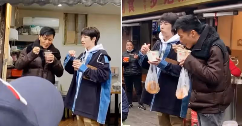 謝霆鋒站路邊吃平價早餐！埋頭吸面「大口狂吃」，站垃圾桶旁邊不嫌髒，網友直呼：太接地氣！