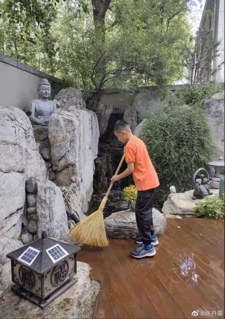 趙文卓曬勞動節日常，一雙兒女打掃豪宅庭院，6歲女兒像極爸爸