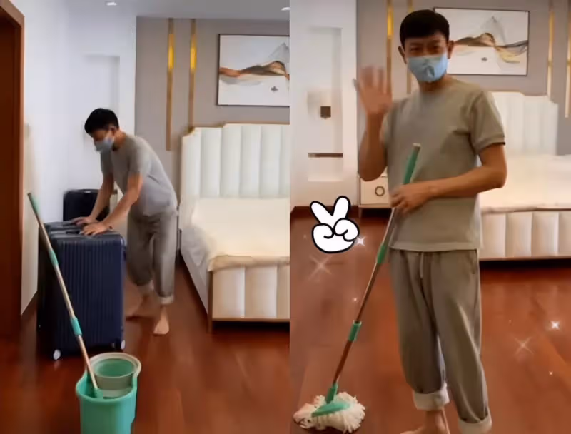 天王劉德華光腳幹家務, 賣力拖地十分麻利!