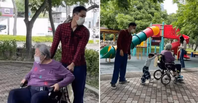 明道不受張庭夫婦影響？回臺「盡孝陪母親」公園散步，2歲兒幫推輪椅好暖心，網友：陪伴就是最好的孝順