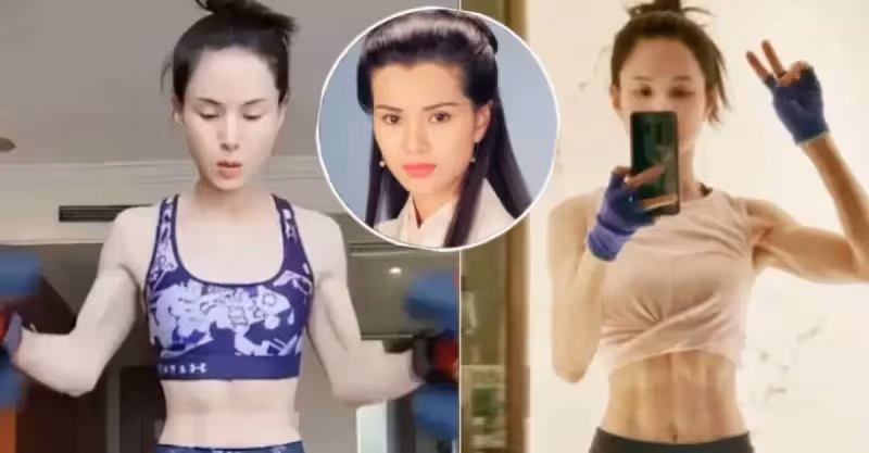 55歲李若彤舉啞鈴健身！四塊腹肌太搶眼，身材纖瘦彎腰肚子凹一塊