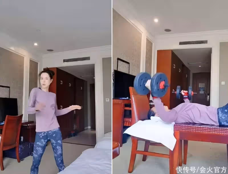 55歲李若彤舉啞鈴健身!四塊腹肌太搶眼,身材纖瘦彎腰肚子凹一塊