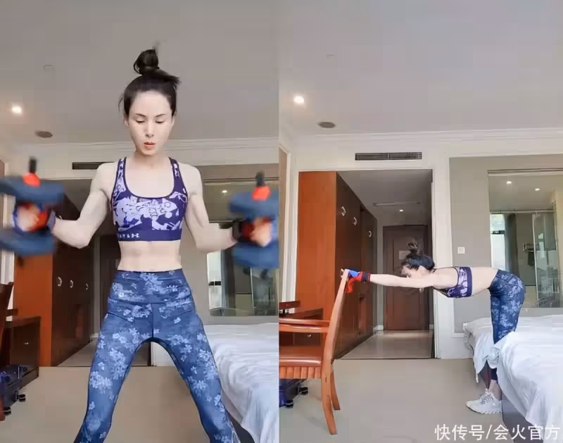 55歲李若彤舉啞鈴健身!四塊腹肌太搶眼,身材纖瘦彎腰肚子凹一塊