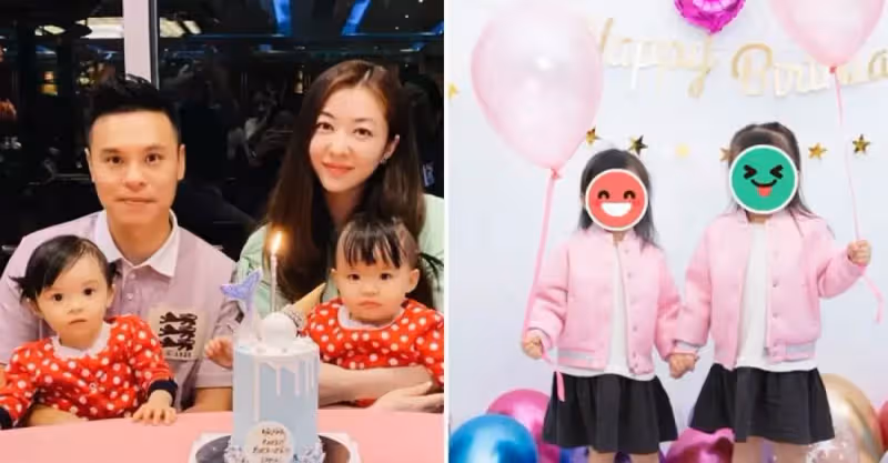 熊黛林曬女兒，雙胞胎鏡頭前玩親親，同穿背帶褲差距大，妹妹個高五官像爸太吃虧，網：越長越不像了
