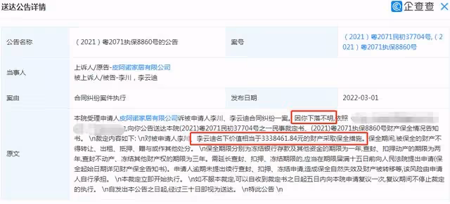 李雲迪父子333萬資產被凍結，失聯7個月，此前被曝藏身三亞