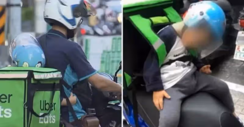 3歲兒揹保溫袋睡著，24歲爸早上做鐵工、晚上送外送，獨力養家：見孩子就不累了