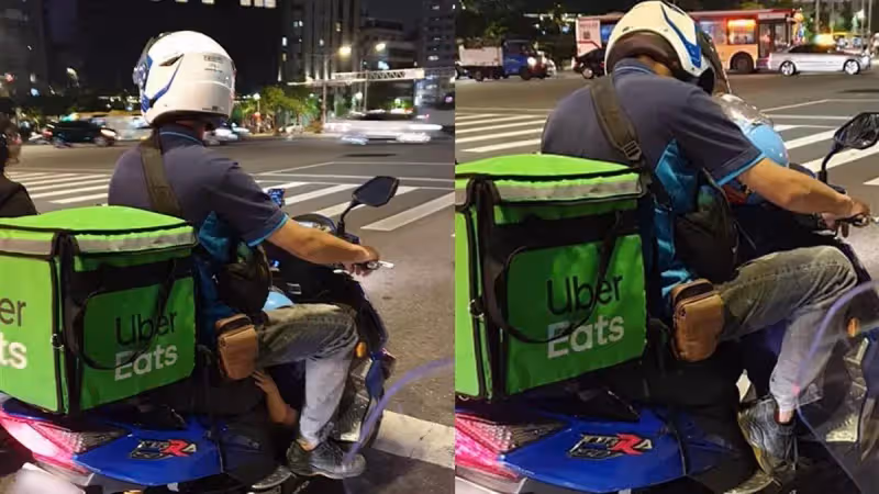 3歲兒揹保溫袋睡著,24歲爸早上做鐵工、晚上送外送,獨力養家:見孩子就不累了
