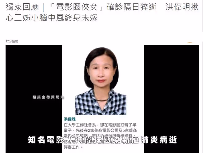 74歲電影人洪偉珠確診次日去世!終身未婚無兒女,入院後拒絕急救
