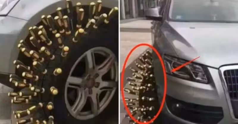 奧迪車違停「堵路口」路人喊挪車被懟「又沒停你家門口」，第二天挪車傻眼：汽車成「刺蝟球」