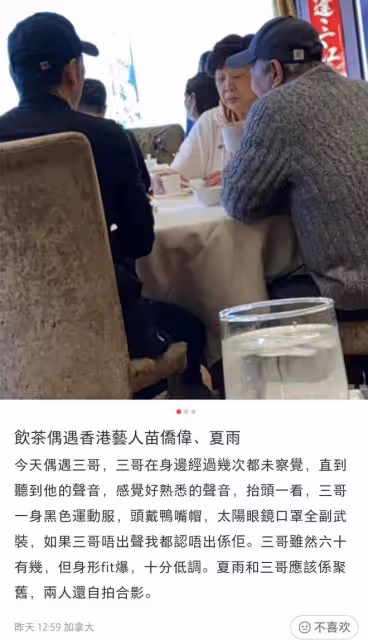 63歲苗僑偉定居加拿大!約夏雨中餐廳敘舊,穿一身黑衣打扮低調