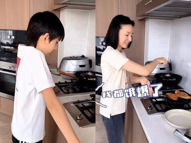 董潔素顏為兒子烤肉，13歲頂頂側顏搶鏡，網友：是潘粵明的嗎