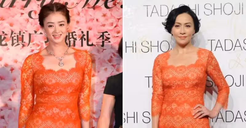 36歲蔣欣撞衫54歲劉嘉玲！穿紅色蕾絲鏤空裙「凹凸感」太強，網友：真是「誰醜誰尷尬」