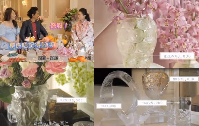 老戲骨豪宅宴請梁小冰，魚子醬鮑魚擺滿桌，過百件水晶價值上千萬