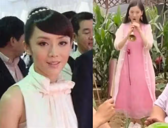 馮鞏攜徒弟送夏至祝福,頭髮稀疏眼紋明顯,身後粉衣女吹嗩吶搶鏡