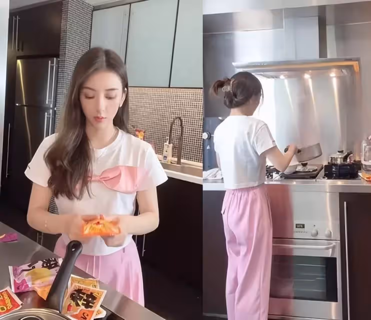 郭富城嬌妻方媛罕曬近況！豪宅內做美食，素顏出鏡皮膚白皙，一頭卷髪溫婉迷人，大口狂吃接地氣，加量蔥蒜好重口