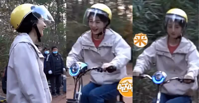 趙麗穎鄉下騎電瓶車拍戲，穿著土氣臉部蠟黃，山路崎嶇全程顛簸