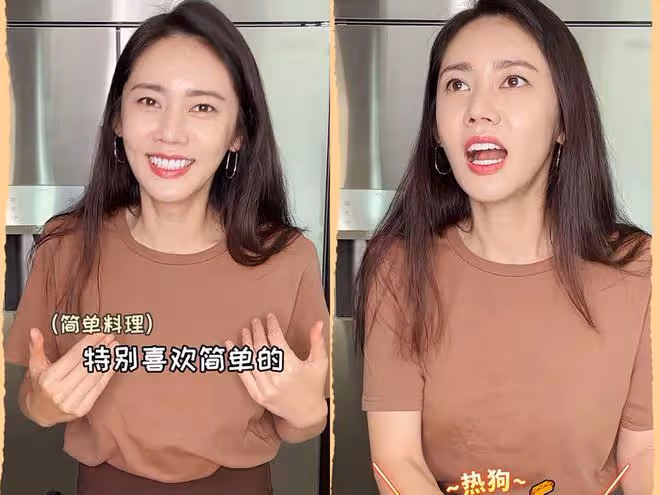 秋瓷炫穿搭時髦做早餐,雙下巴若隱若現,大口吃麵包毫無包袱