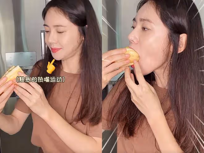 秋瓷炫穿搭時髦做早餐,雙下巴若隱若現,大口吃麵包毫無包袱